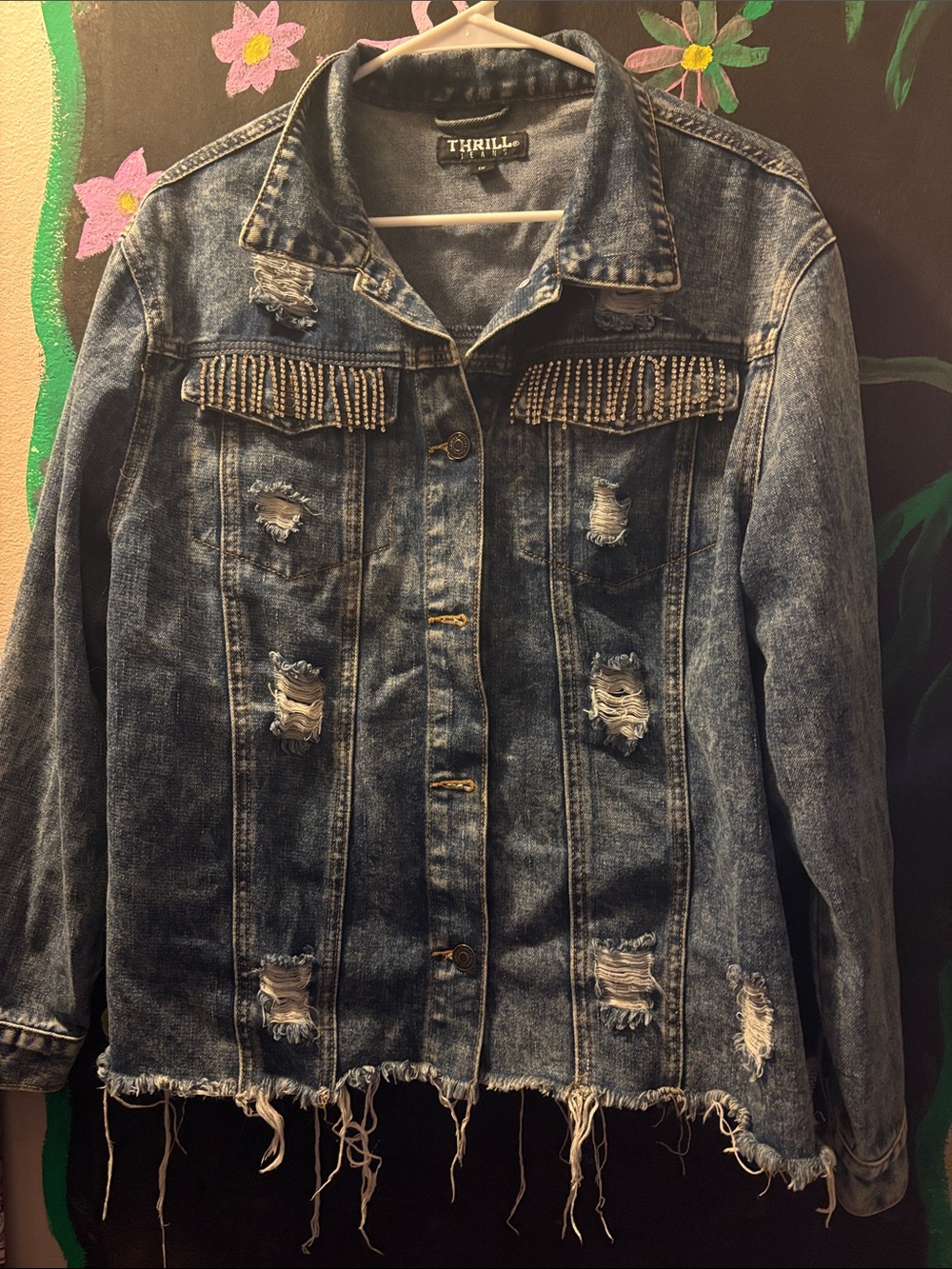 Thrill Distressed Dark Blue Denim Jacket with Rhinestone Fringe